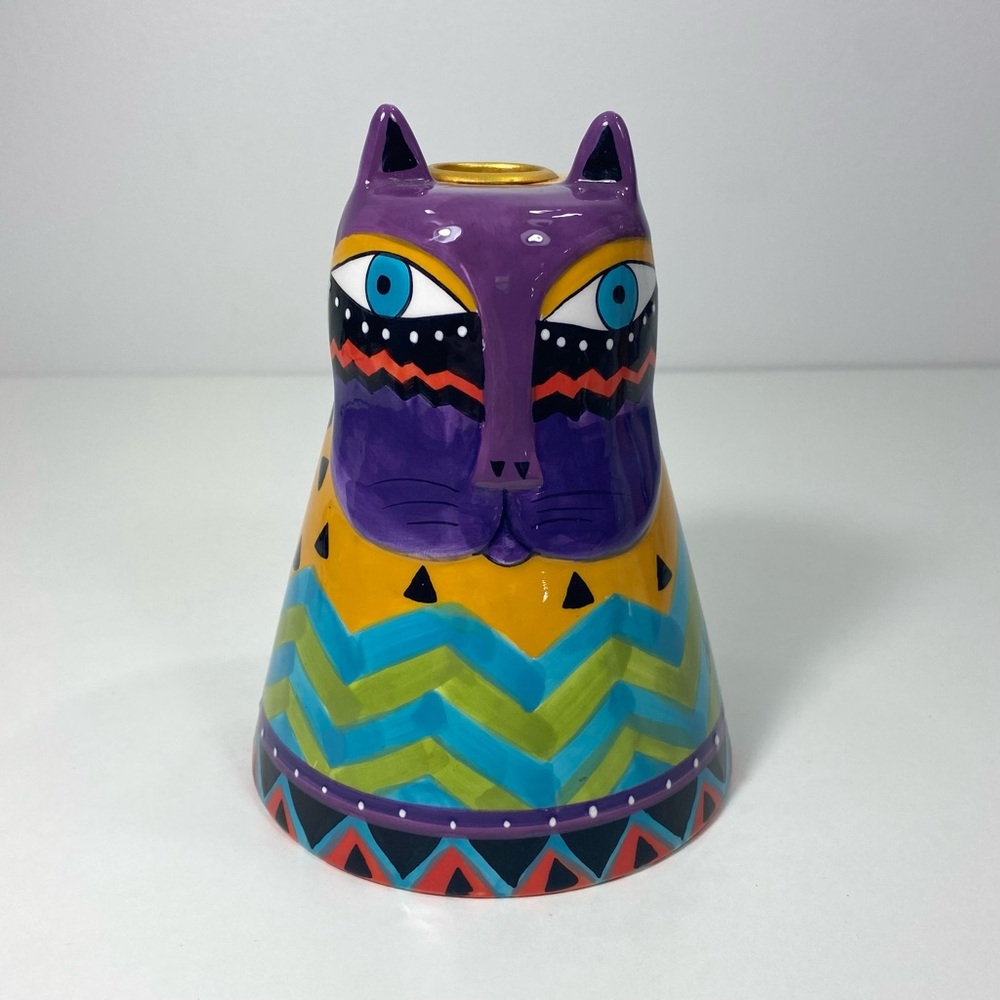 Vtg Laurel Burch for Ganz Signed Ceramic Cat Candlestick Candle Holder Art Decor